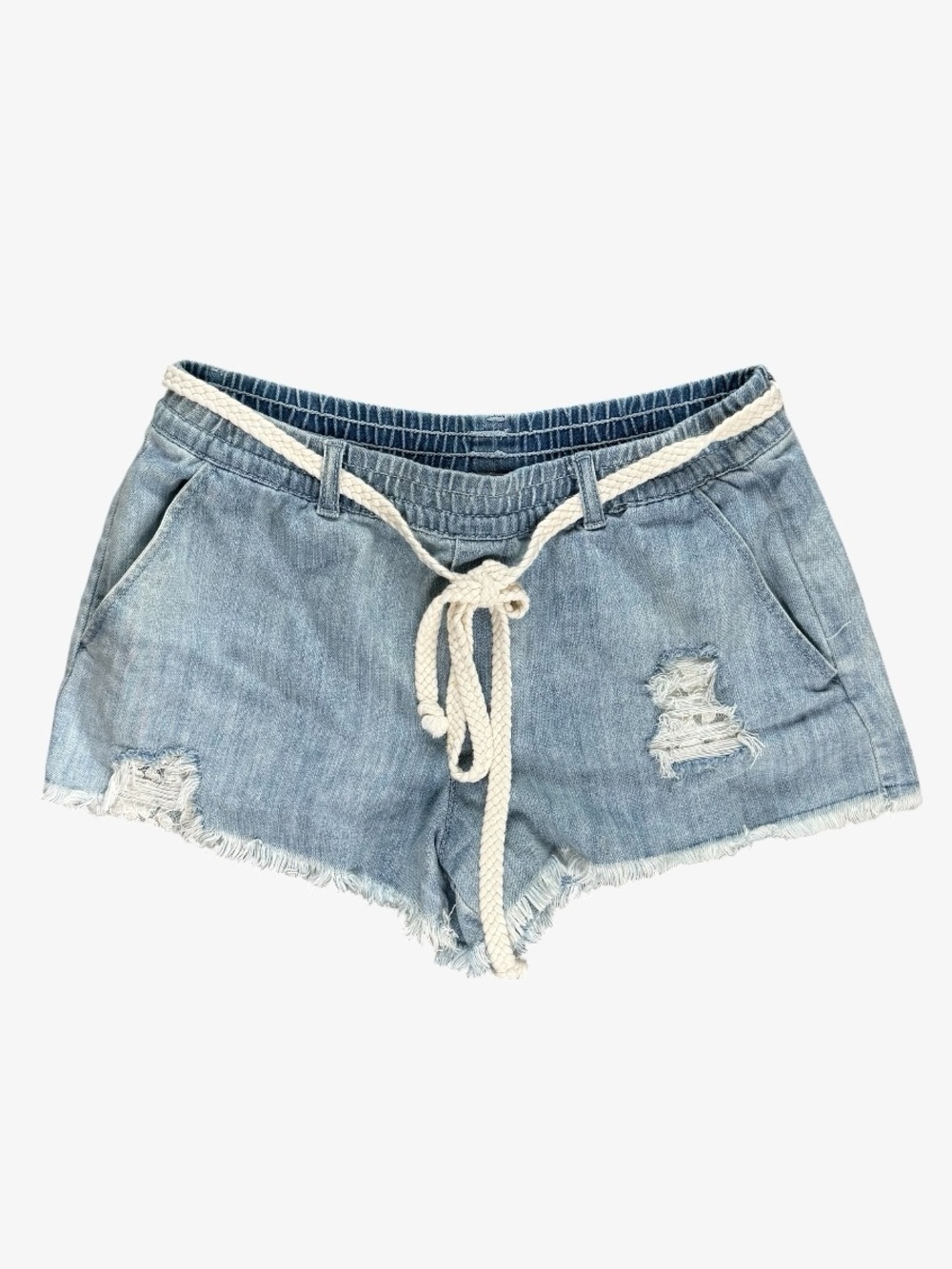 Aerie High Rise Destructed Denim Shorts Light Wash Rope Tie Festival Lace Size S